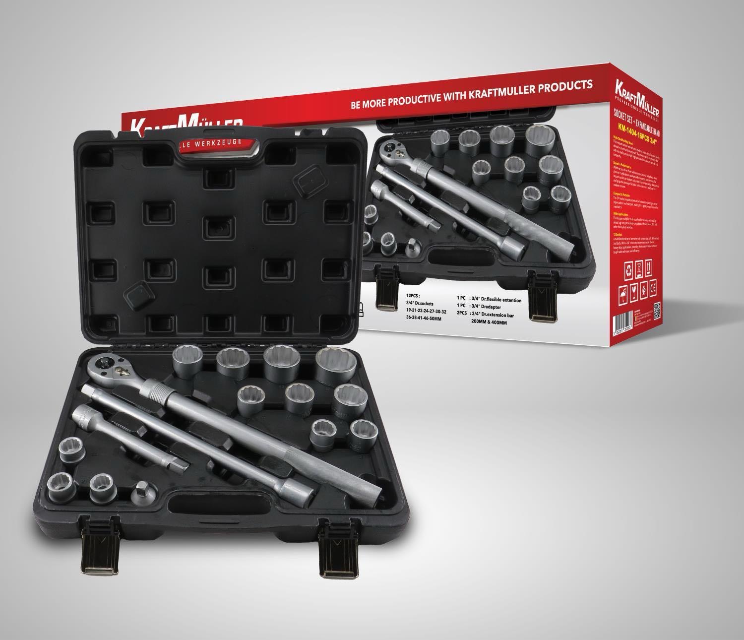 CONJUNTO SOQUETE+ MÃO EXPANSÍVEL KM-1404-16PCS 3/4