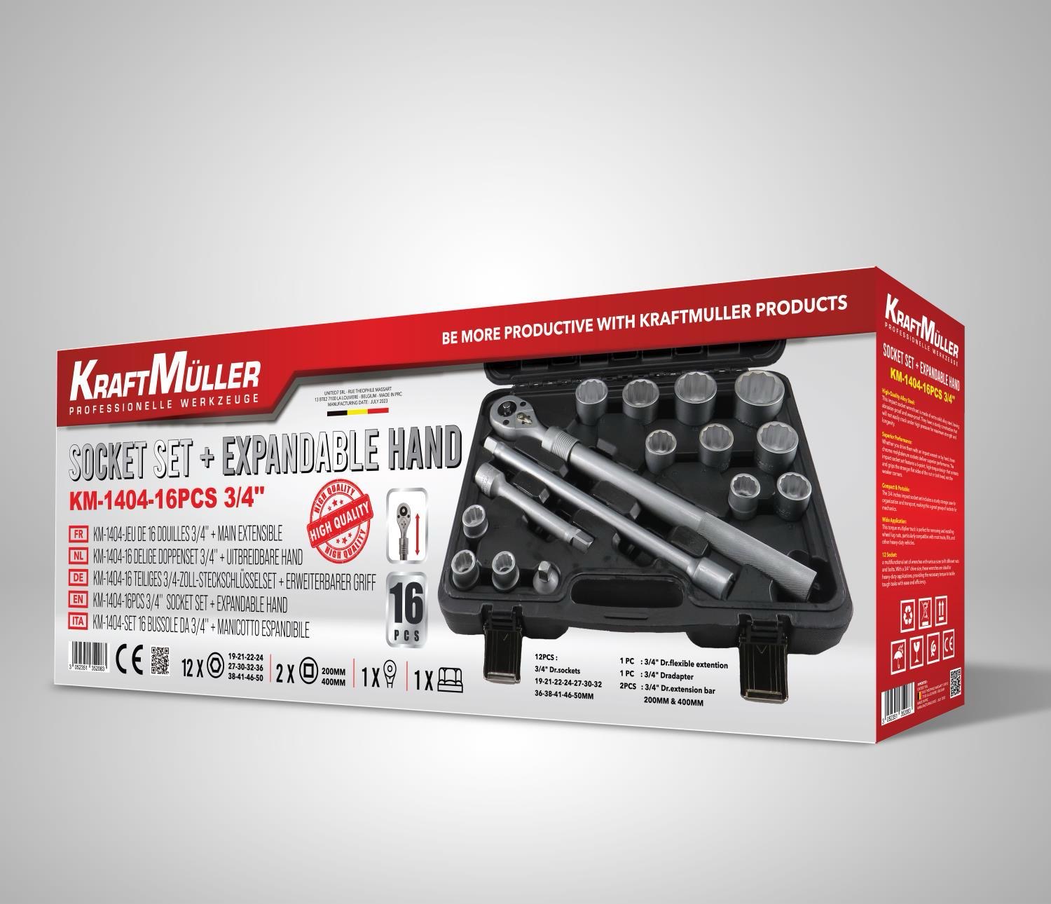 CONJUNTO SOQUETE+ MÃO EXPANSÍVEL KM-1404-16PCS 3/4